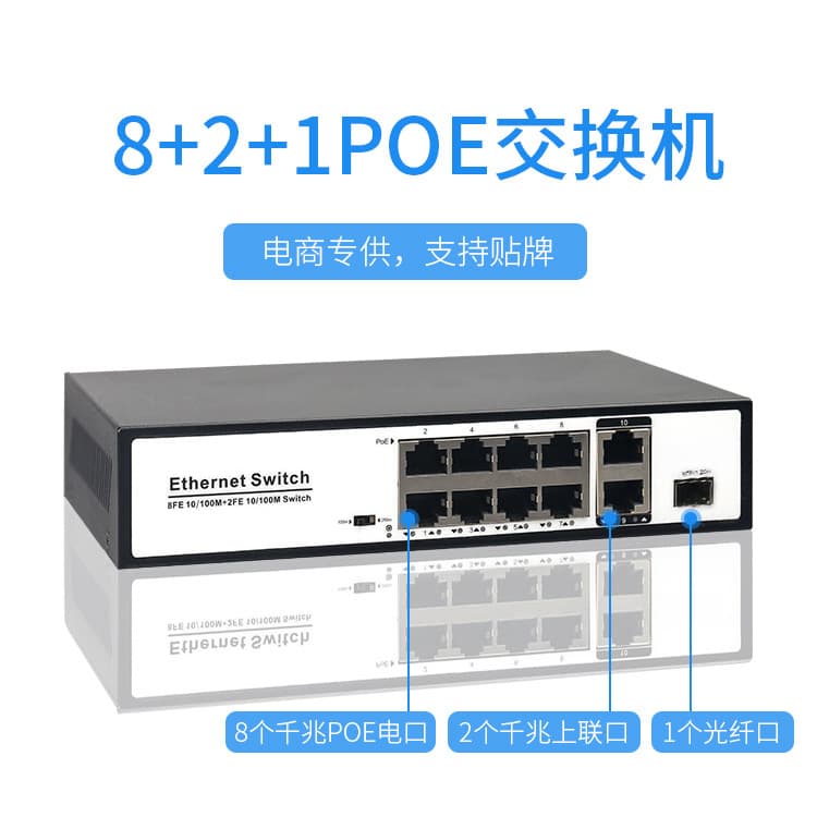 Standard 8+2 Gigabit POE 10-Port Switch, Camera Surveillance Wireless Power Splitter with 1 Fiber Port