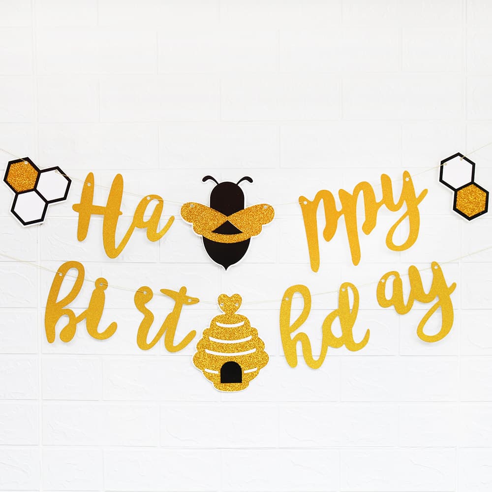 New Glitter Bee Happy Birthday Banner Flag Bunting for Baby Birthday Party Celebration