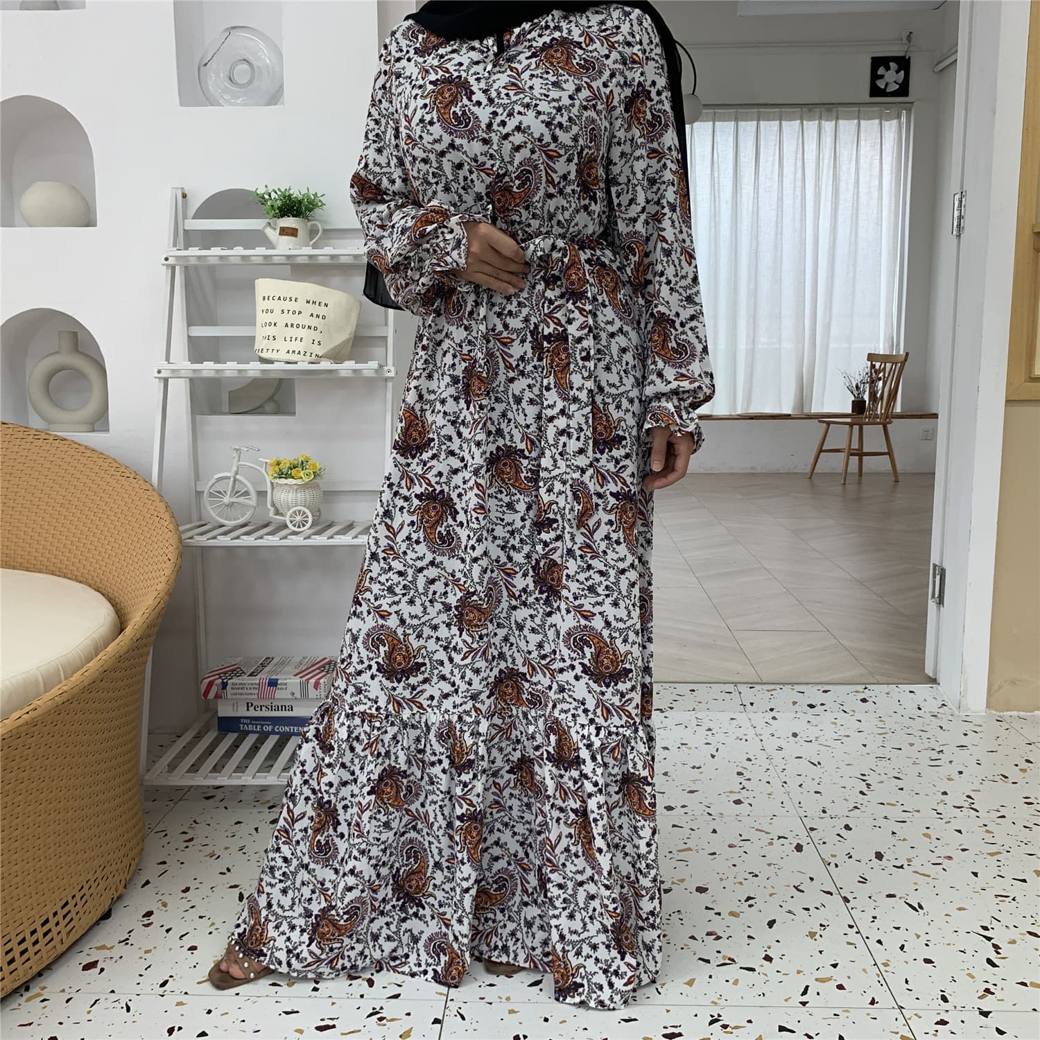 2020 New Fashion Printed Casual Long Skirt Large Hem Lace-Up Turkish Dress 6373