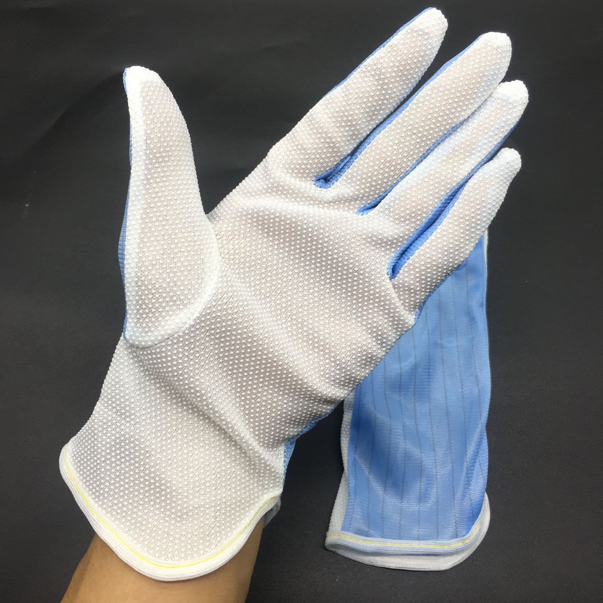 Extended blue striped anti-static and anti-slip gloves, blue anti-static dotted plastic gloves, blue dispensing gloves