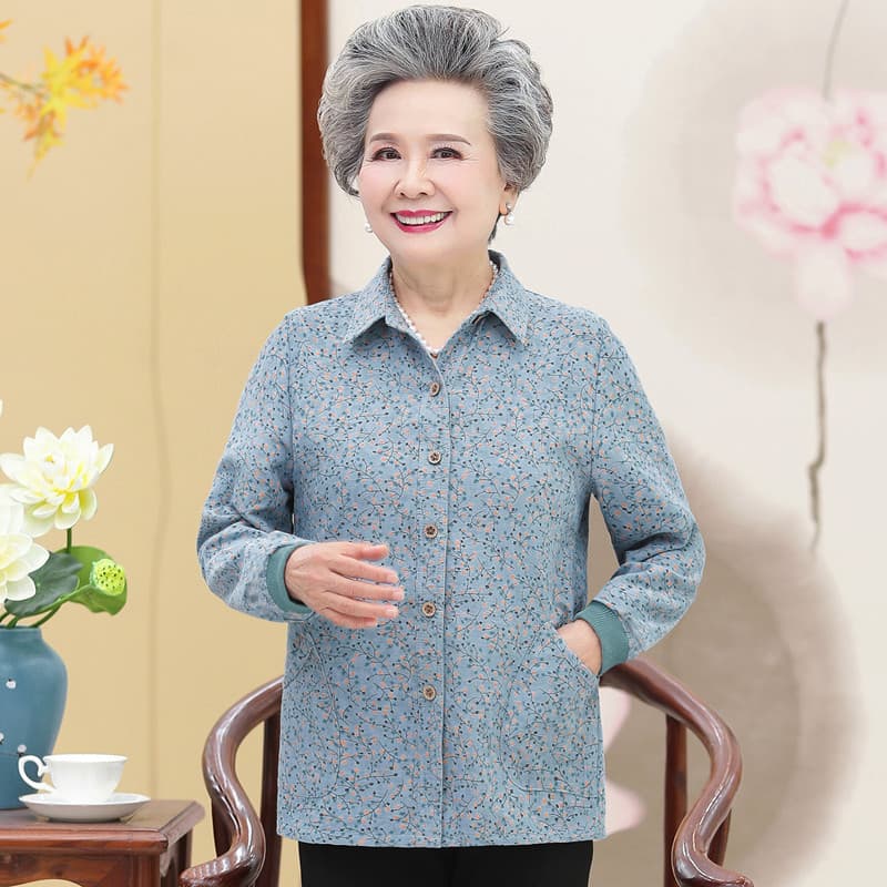 Elderly Women's Autumn Long-Sleeve Blouse, Grandma Shirt, Pure Cotton Floral Print Cardigan, Thin Spring and Fall Jacket