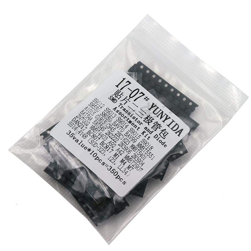 SMD diode and transistor sample pack, 35 types * 10 pieces each, total 350 pieces, including SMD diodes and transistors.
