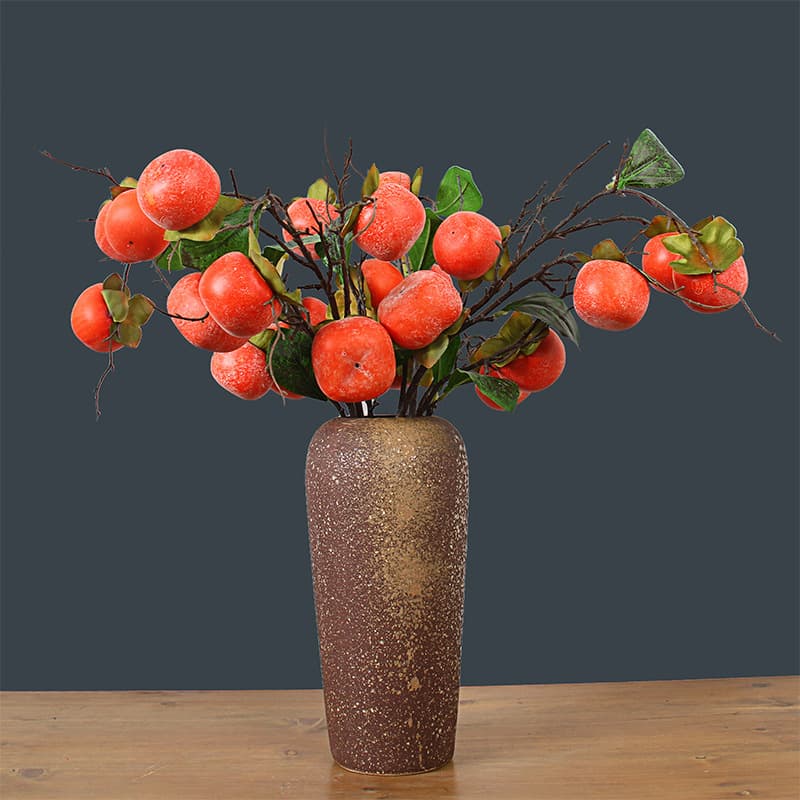 Artificial 6-Piece Persimmon Branch with Leaves, Chinese Style Home Living Room Entryway Decorative Flower, Simulated Berry Persimmon Fruit Branch Direct Supply