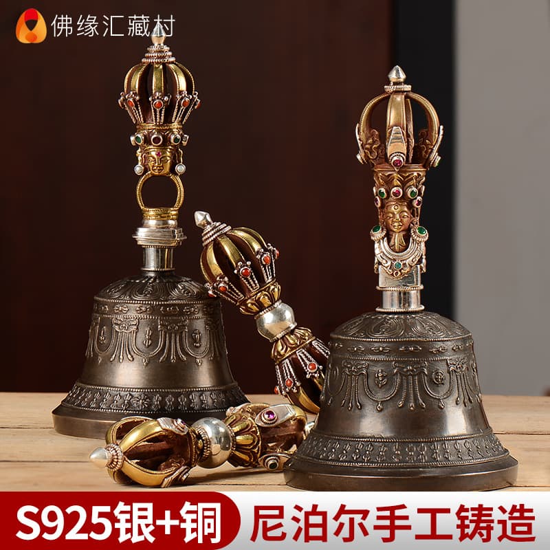 Nepalese handcrafted copper and silver five-pronged and nine-pronged Vajra Bells and Dorjes, Tibetan Buddhist ritual items for spiritual practice and display.