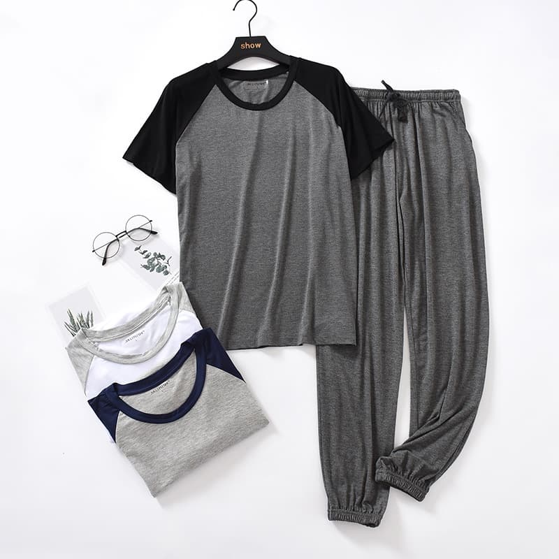 Spring and Summer Men's Pajama Set, Modal Short-Sleeve Long Pants, Thin Loungewear, Cuffed, Plus Size, Breathable, Simple and Casual