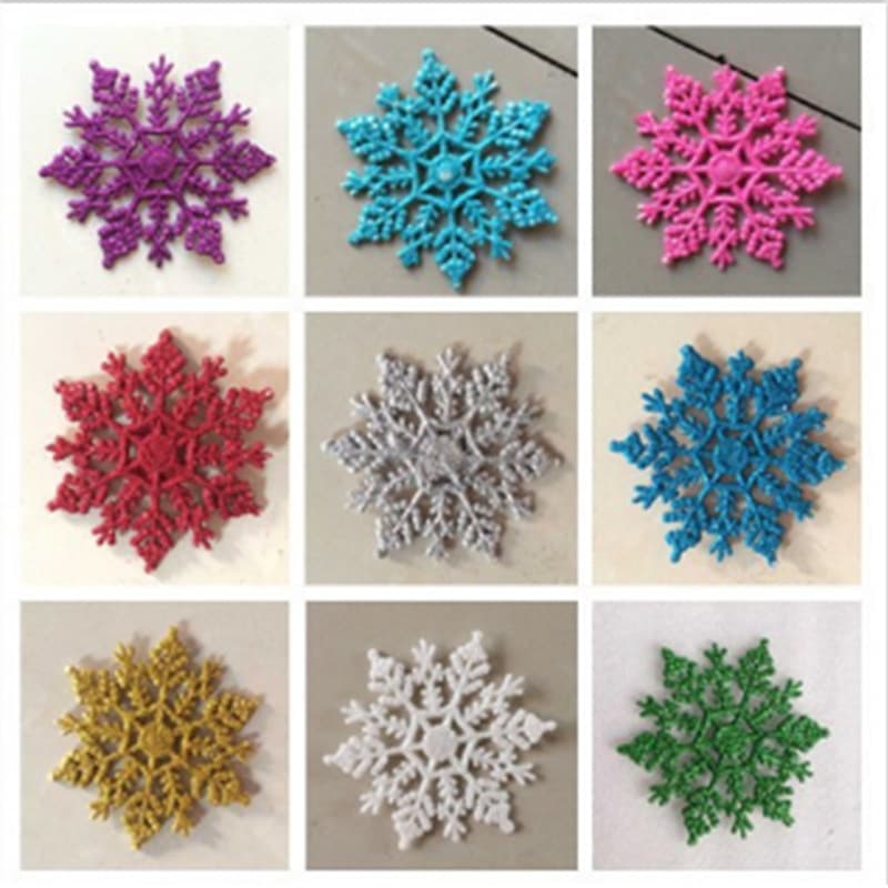 11cm Colored Glitter Sprinkled Christmas Snowflakes, Indoor Plastic Snowflake Decorations, Pack of 12 Pieces, Factory Stock