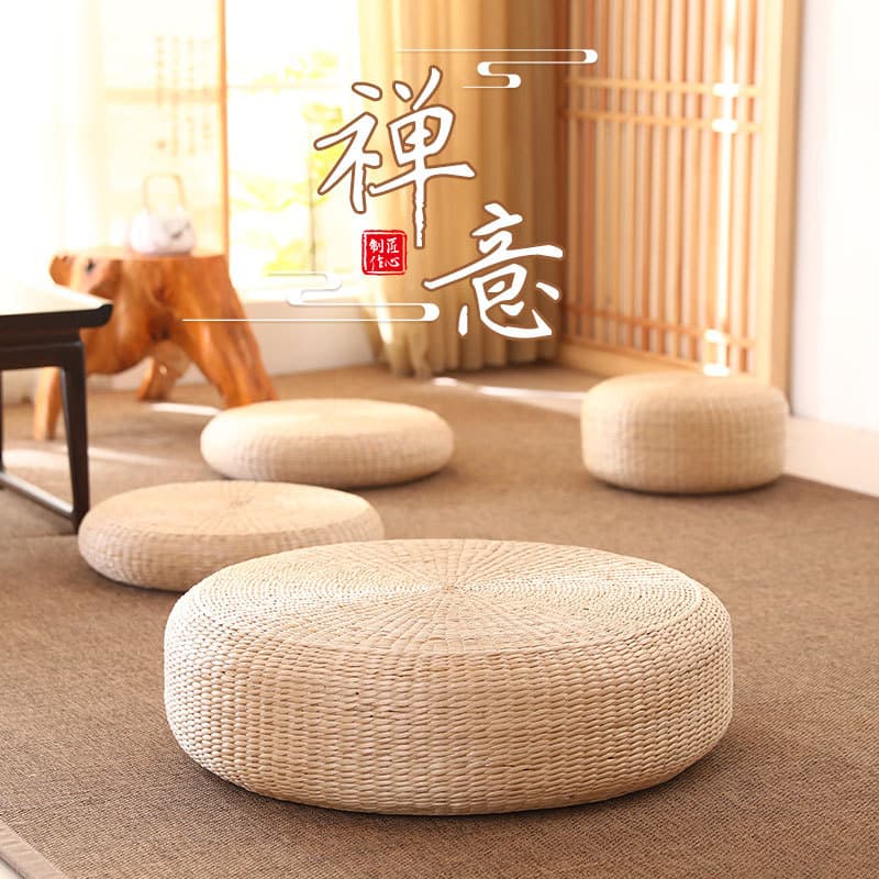 Japanese-Style Handwoven Rush Floor Cushion, Thickened Round-Edge Tatami Mat, Prayer and Zen Meditation Handmade Sedge Seating Pad