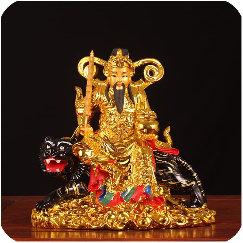 12-inch gold-faced resin statue of Zhao Gongming, the God of War and Wealth, riding a tiger.