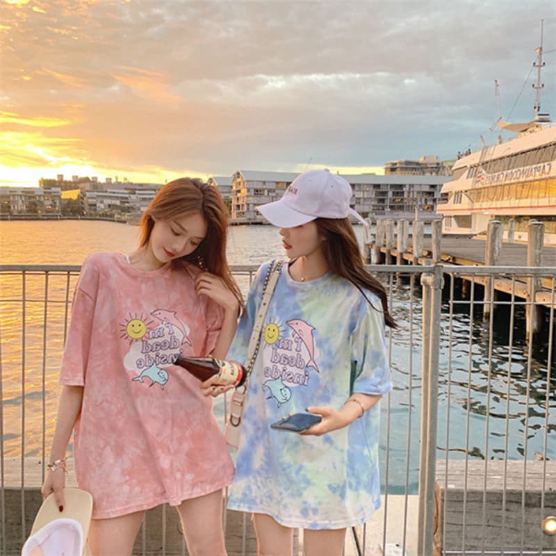 Different Four-Person Girlfriend Dress 2020 Summer Short-Sleeved T-Shirt Women's Loose Tie-Dye Printed Sisters Dress Trendy Foreign Trade