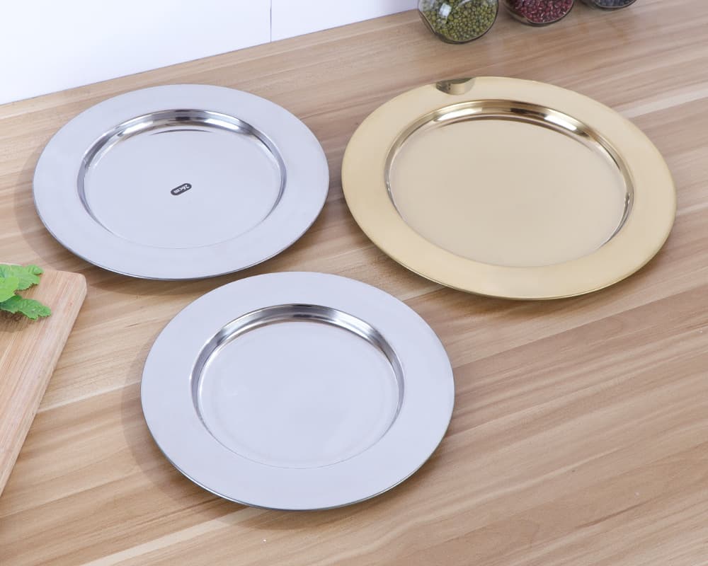 Stainless Steel Thickened Mirror Plate Tray Steak Plate Decorative Tray Laser Logo Buffet Flat Plate