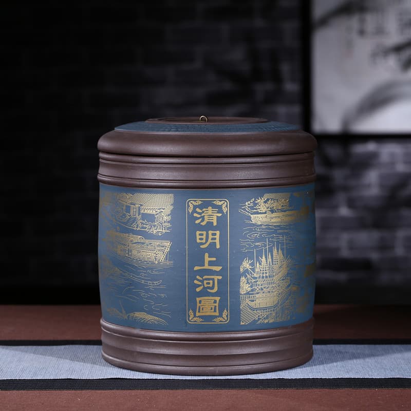 Purple clay tea jar, Pu'er tea cake jar, seven-cake Pu'er jar, Qingming River Scene, non-ceramic large tea bucket for home use