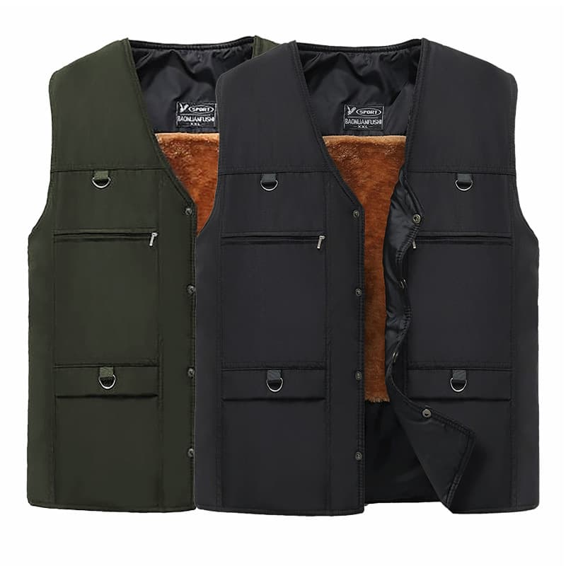 Autumn and winter middle-aged and elderly men's composite cotton vest with fleece lining and thickening, multi-pocket vest, father's style.