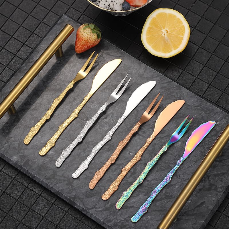 Creative stainless steel wooden knife and fork, fruit fork, cake sign, moon cake fork, moon cake knife, two-tooth dessert thick knife and fork for home use