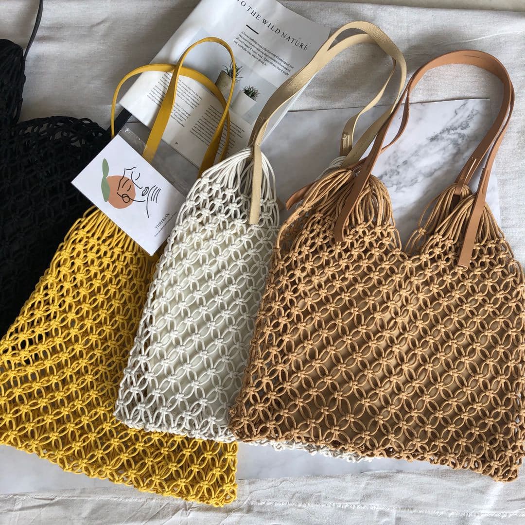 Ins Super Popular Handmade Cotton Thread Leather Handle Hollow-out Unlined Fishnet Woven Casual Bag