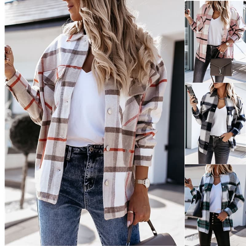 1616# Amazon Wish Europe Best Seller Autumn/Winter Long-Sleeve Plaid Shirt Jacket