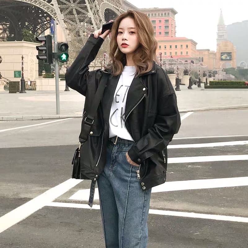 Autumn cotton-padded lady zipper Korean style black straight long-sleeved short coat lapel temperament commuter leather jacket
