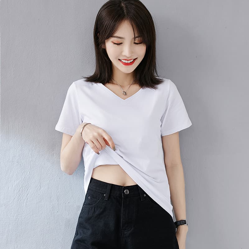 Popular summer new pure cotton loose sweetheart neck T-shirt women's V-neck short-sleeved body shirt women's solid color short-sleeved top trendy