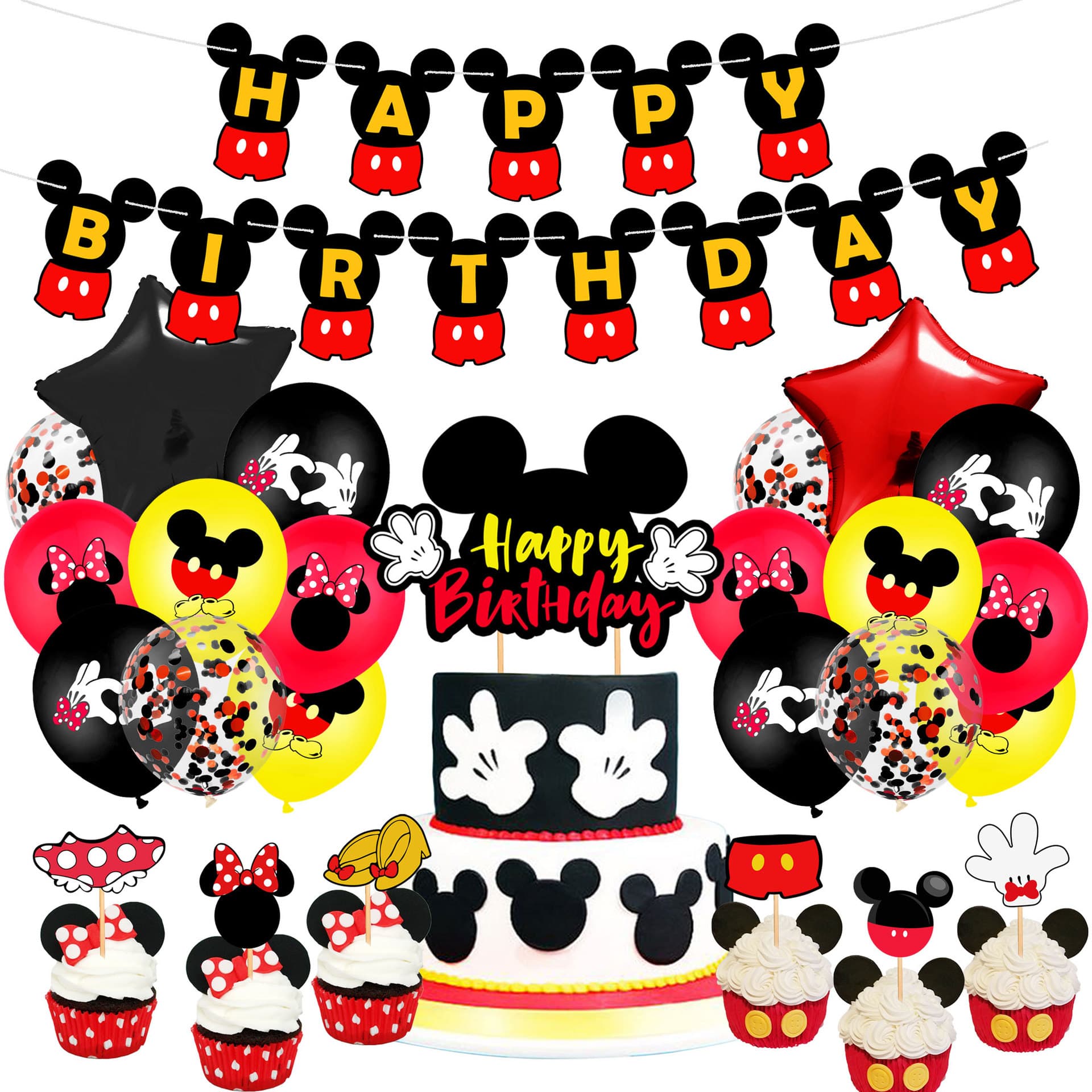 Mickey Mouse Themed Children's Birthday Cake Insert Banner Balloon Set Minnie Mickey First Birthday Party Decoration Supplies