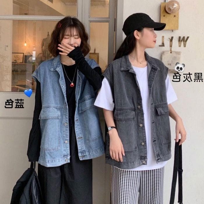 Autumn Denim Vest Women's Korean Style Loose Fit Shoulder Thin Japanese Style BF Sleeveless Outerwear Workwear