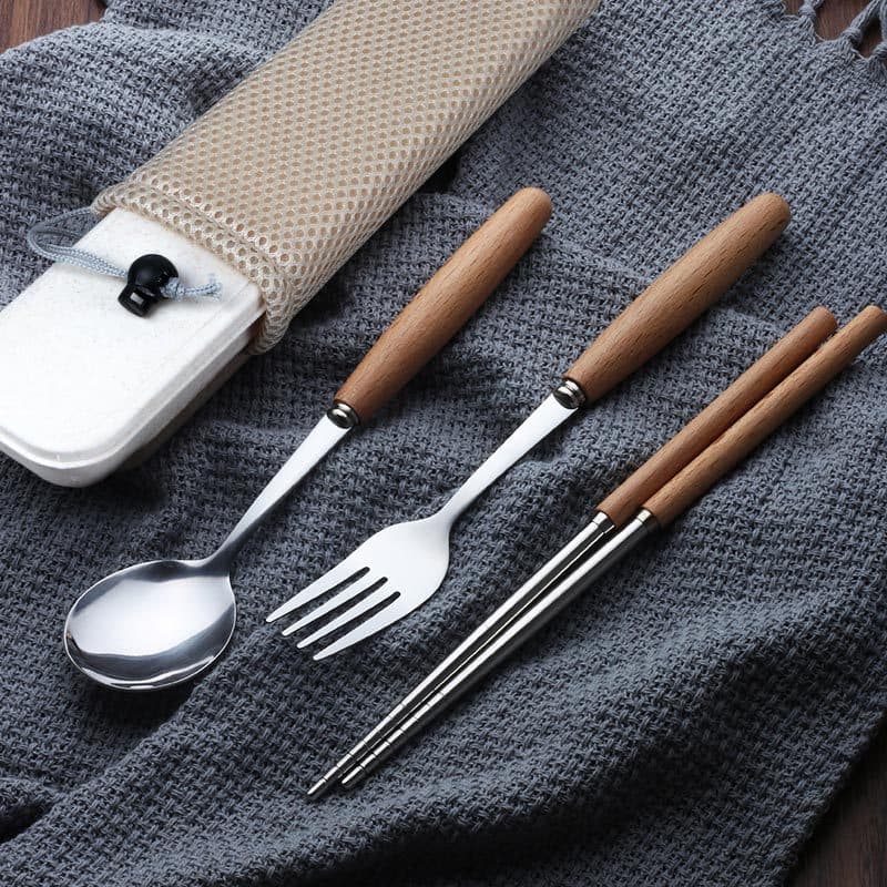 Japanese Wooden Handle Stainless Steel Knife Fork Spoon Set - Japanese/Korean Solid Wood Spoon Fork, Stainless Steel Wooden Handle Knife Fork Spoon Chopsticks