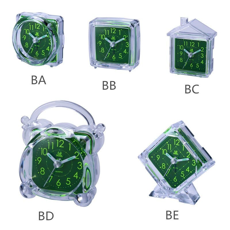 Mingzhu Star Silent Green Face Small Alarm Clock, Transparent Crystal Luminous, Bedside Alarm with Blue Flower Design for Children