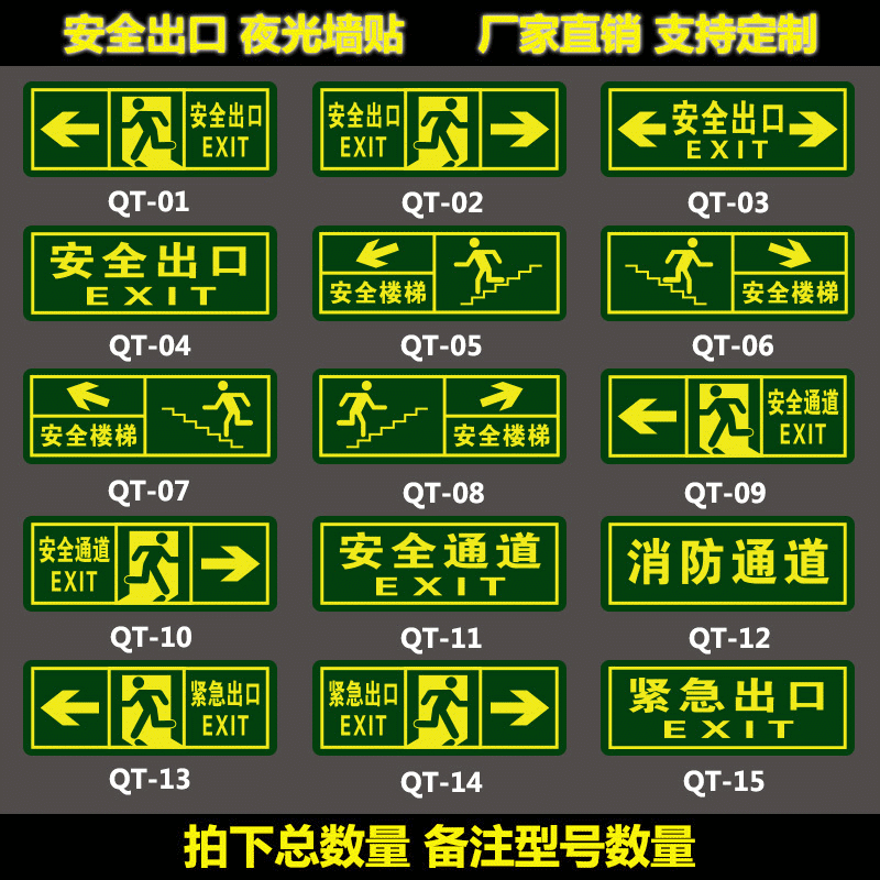 Safety exit signs, glow-in-the-dark wall stickers, stairway and corridor evacuation emergency escape signs, self-luminous stickers