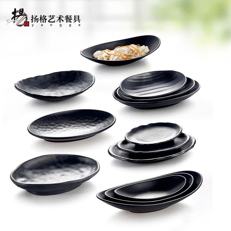Yangge Deep Oval Plate Matte Black Hotel Japanese Dessert Seafood Sushi Plate Porcelain Tableware