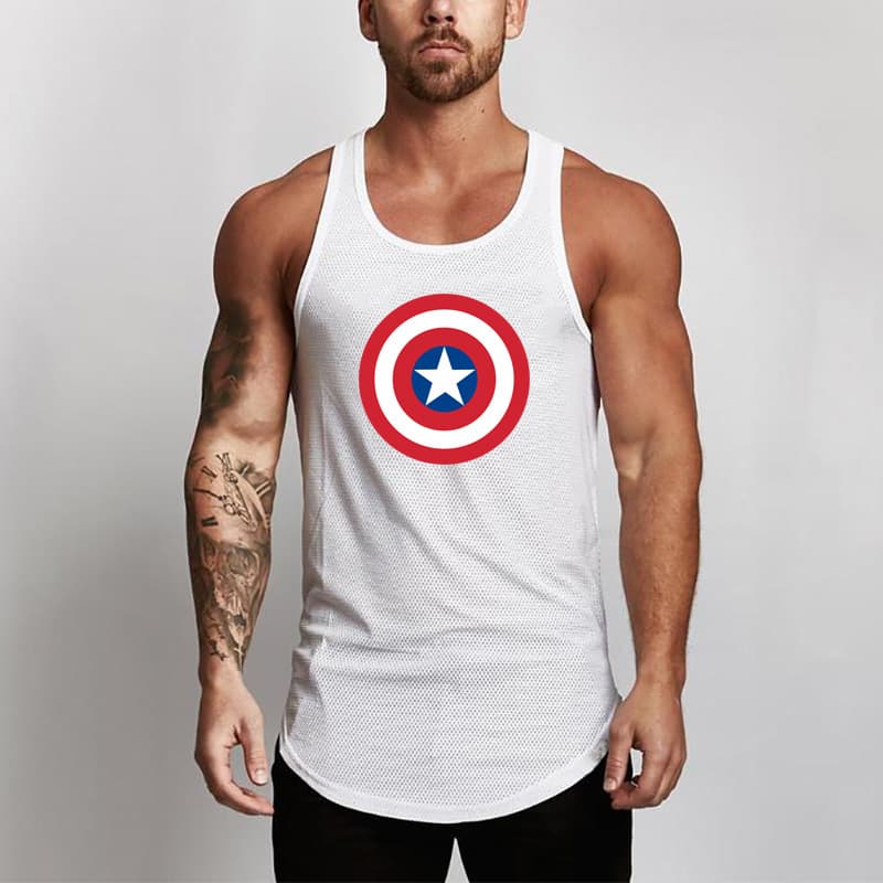 Captain America Shield Mesh Breathable Fitness Sports Vest Men's Bodybuilding Mesh Tank Top T-Shirt