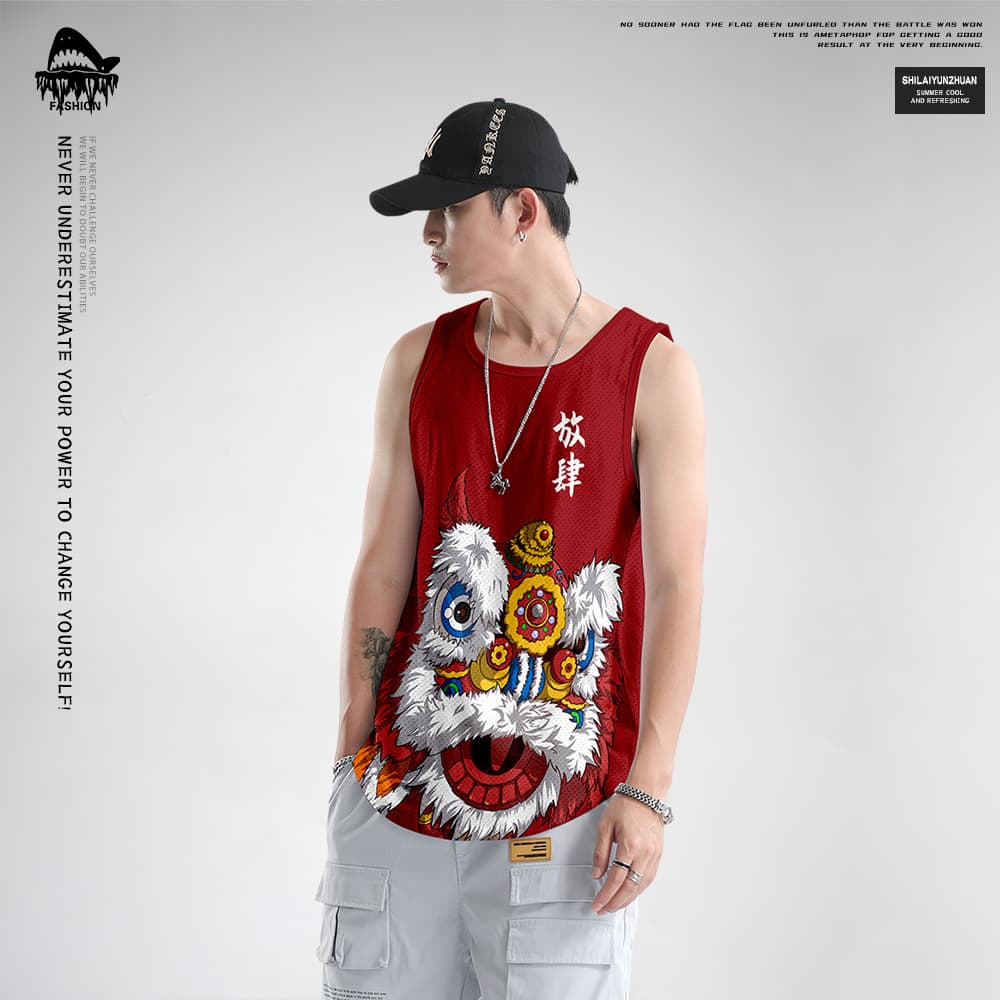 Bold Awakening Lion Vest Men Trendy Personalized Sleeveless T-shirt Vest Outerwear Fitness Sports Breathable Mesh Summer