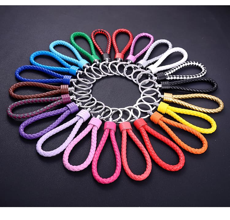 Leather cord keychain, braided rope key ring, metal couple keychain, genuine leather car key chain, small gift for men and women.