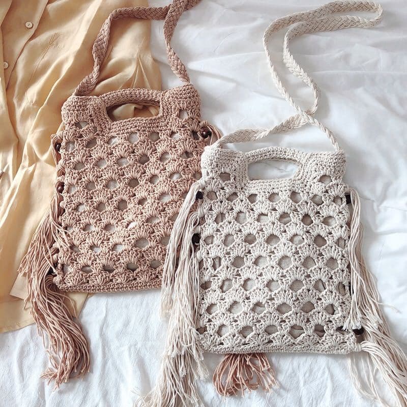 Forest-style Vintage Wooden Bead Tassel Cotton Yarn Crochet Hollow-out Korean Cotton Knitted Crossbody Bag for Women