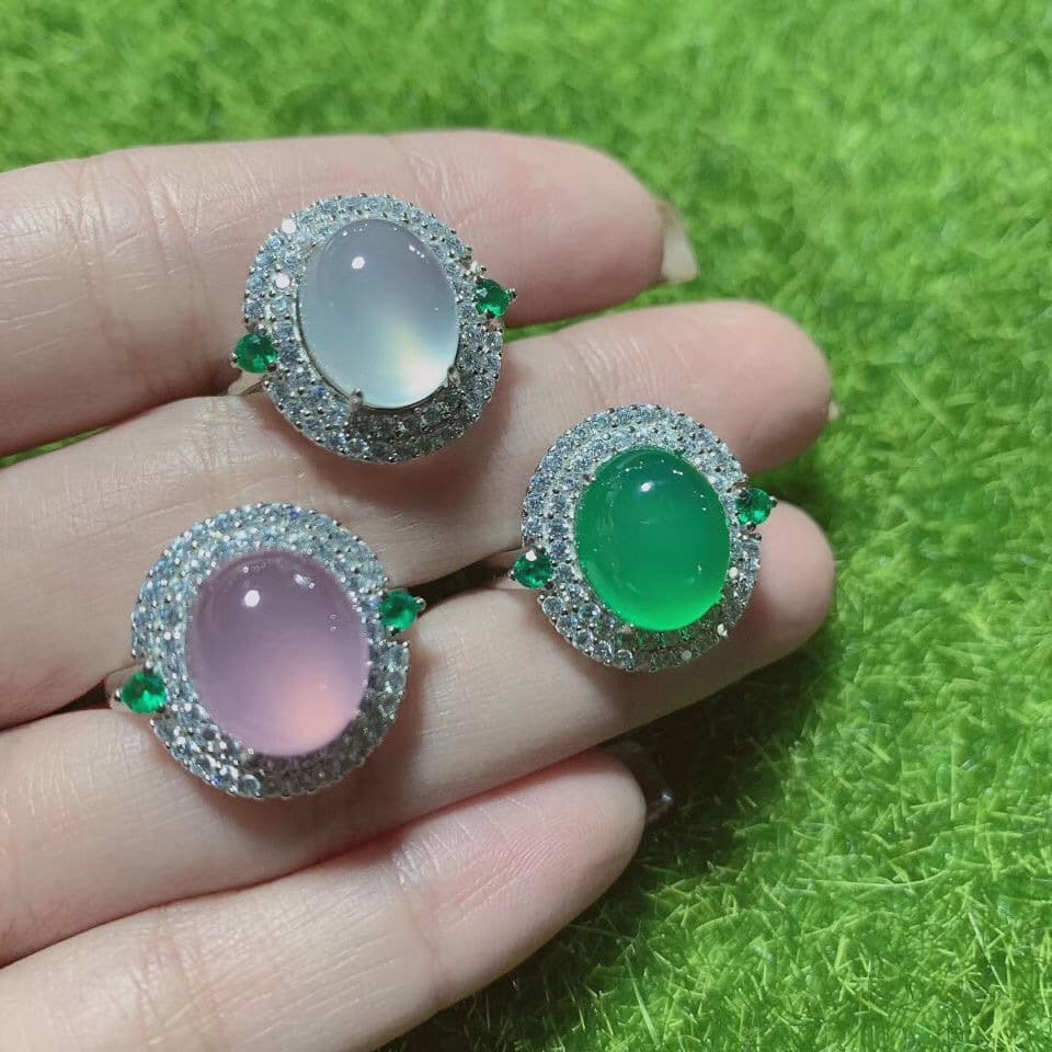 High Ice Chalcedony Ring 925 Silver Green Chalcedony Agate Women's Adjustable Open Ring with Silver Setting