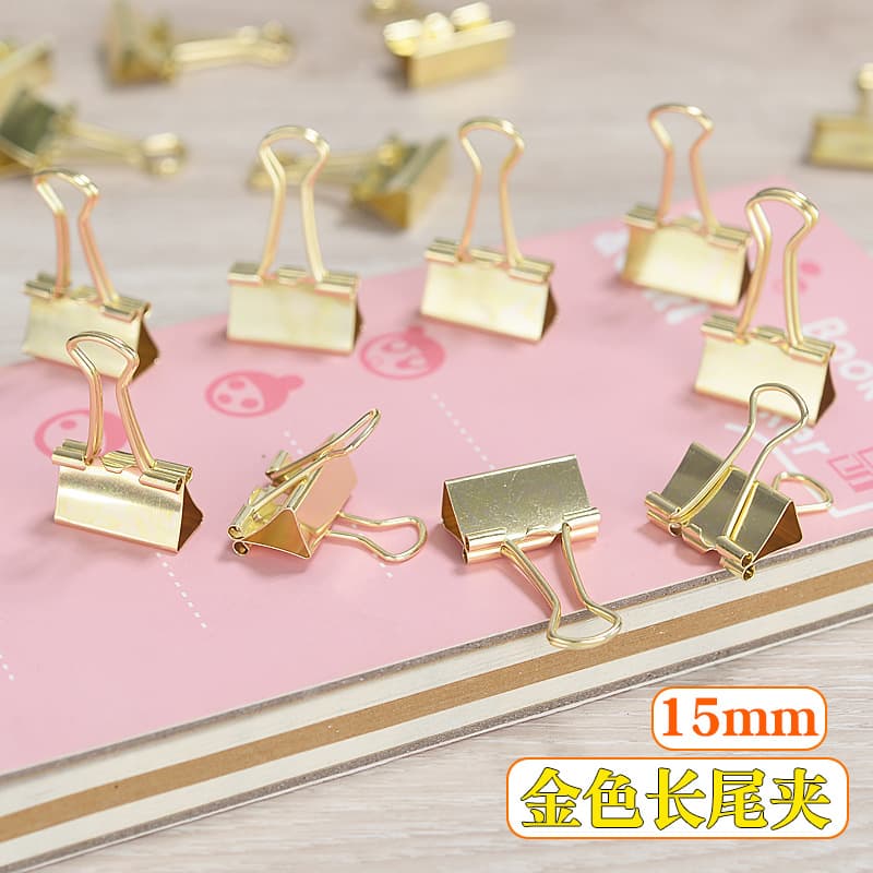 Professional manufacturer of 15mm gold-colored binder clips, size 6 swallowtail clips, small ticket clips for cross-border e-commerce.