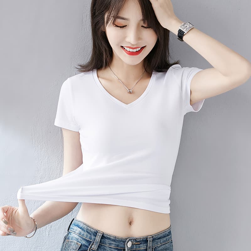 Spring Cotton Solid Color T-Shirt for Women Short Sleeve Slim Fit V-Neck Tight Sexy New Fashion Crop Top