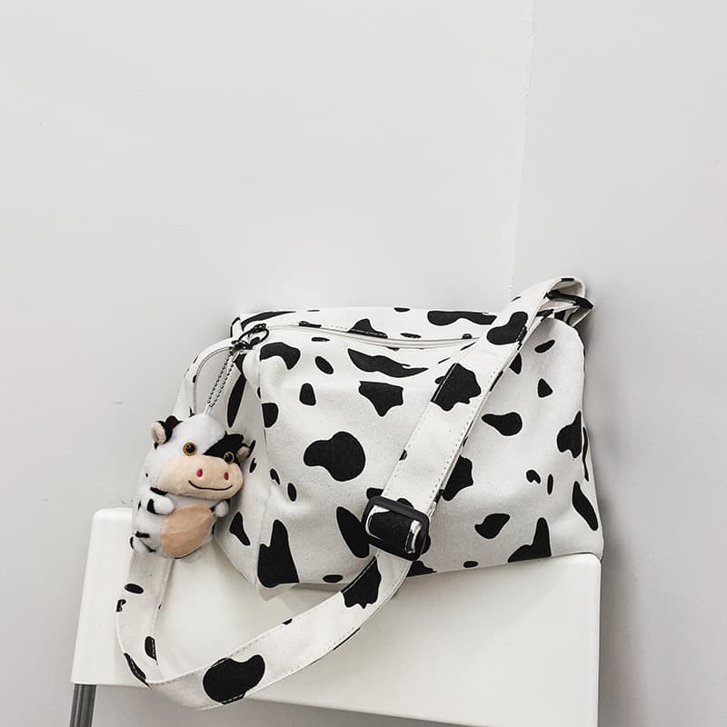 Korean Style Student Canvas Bag Polka Dot Cow Lazy Style Cute Student Bag School Bag Crossbody Bag Versatile for Girls