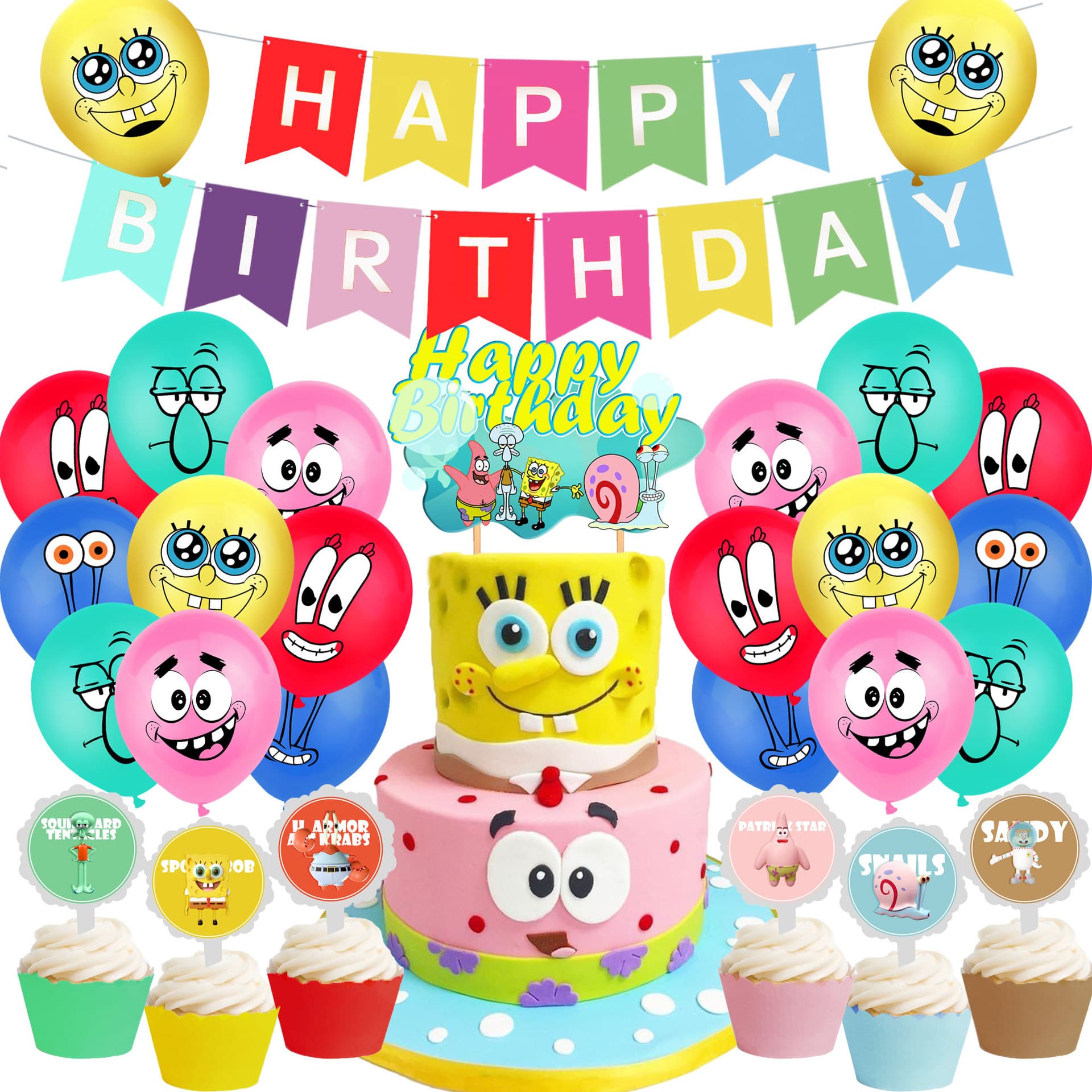 SpongeBob SquarePants theme children’s birthday balloon set Patrick and Mr. Krabs cartoon cake with colorful flags