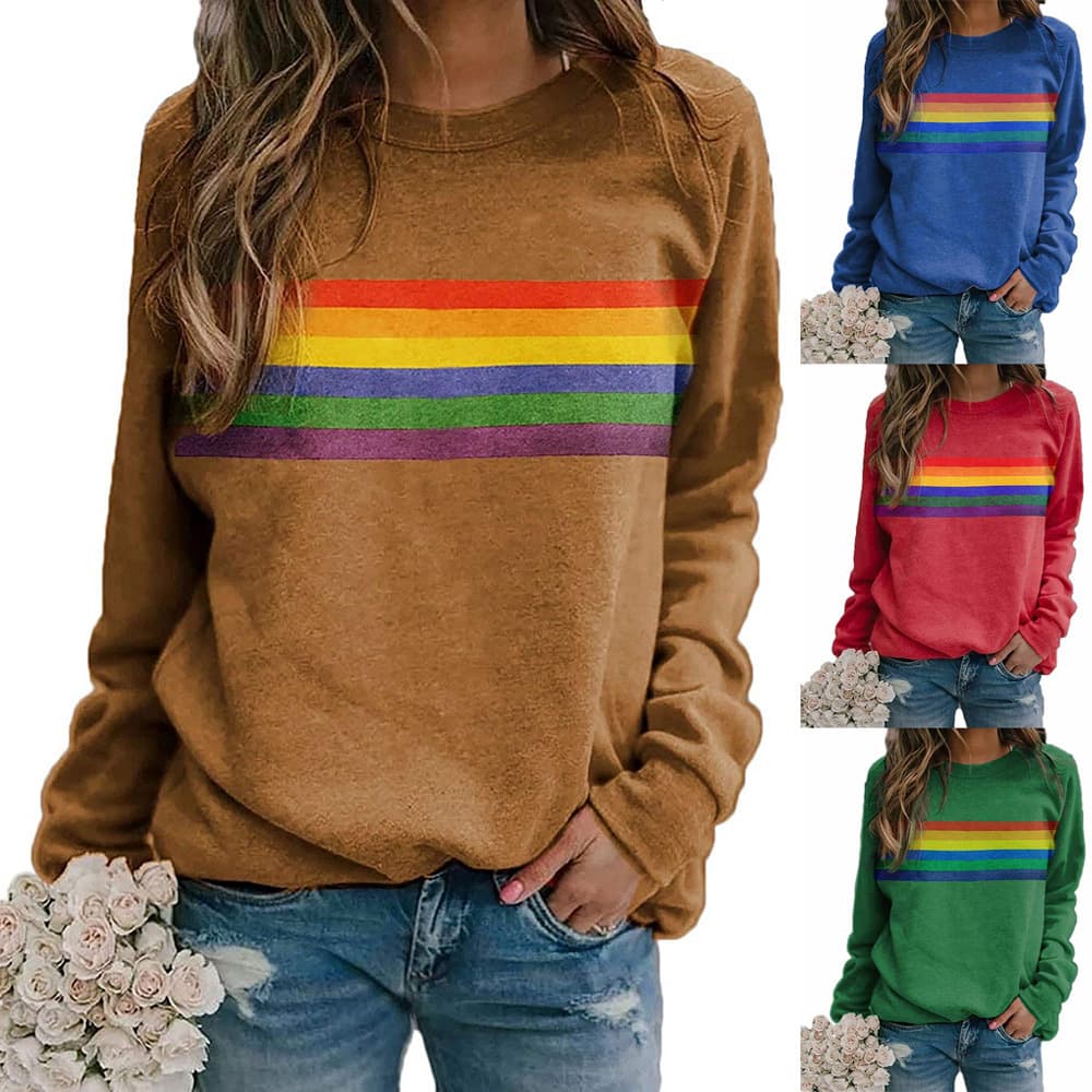 European and American best-selling women's sweatshirt, Amazon colorful striped print crew neck pullover long sleeve sweatshirt