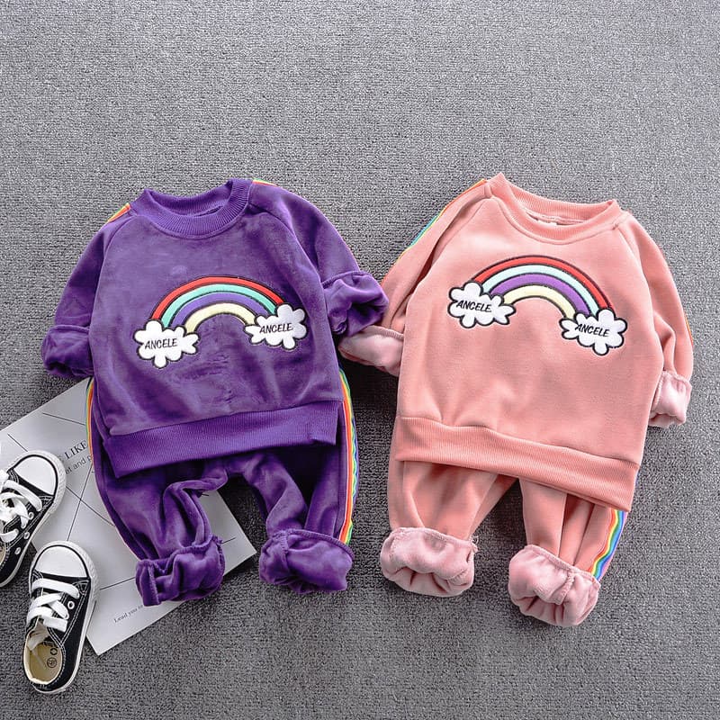 Boys' autumn and winter gold velvet suit girls' winter sweatshirt baby's thickened double-sided velvet two-piece set trendy