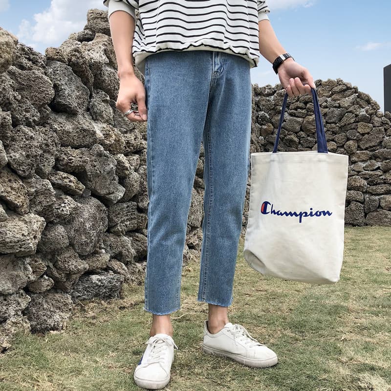 Men's Autumn Korean Fashion Loose Straight Jeans, Hong Kong Style Casual Long Pants for Men, Trendy 9/10 Length Pants, Versatile