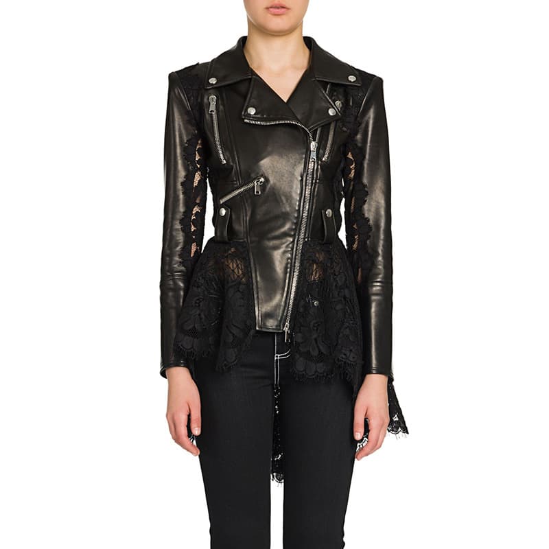 Haining Genuine Leather Jacket Women 2024 Sheepskin Lace Patchwork Slim Fit Motorcycle Style Leather Blazer Commuter