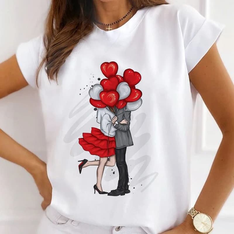 Breathable Round Neck Short Sleeve T-Shirt Women's Fashion Print Top Polyester Fiber Summer Fresh Sweet Style European And American Casual Women's Clothing