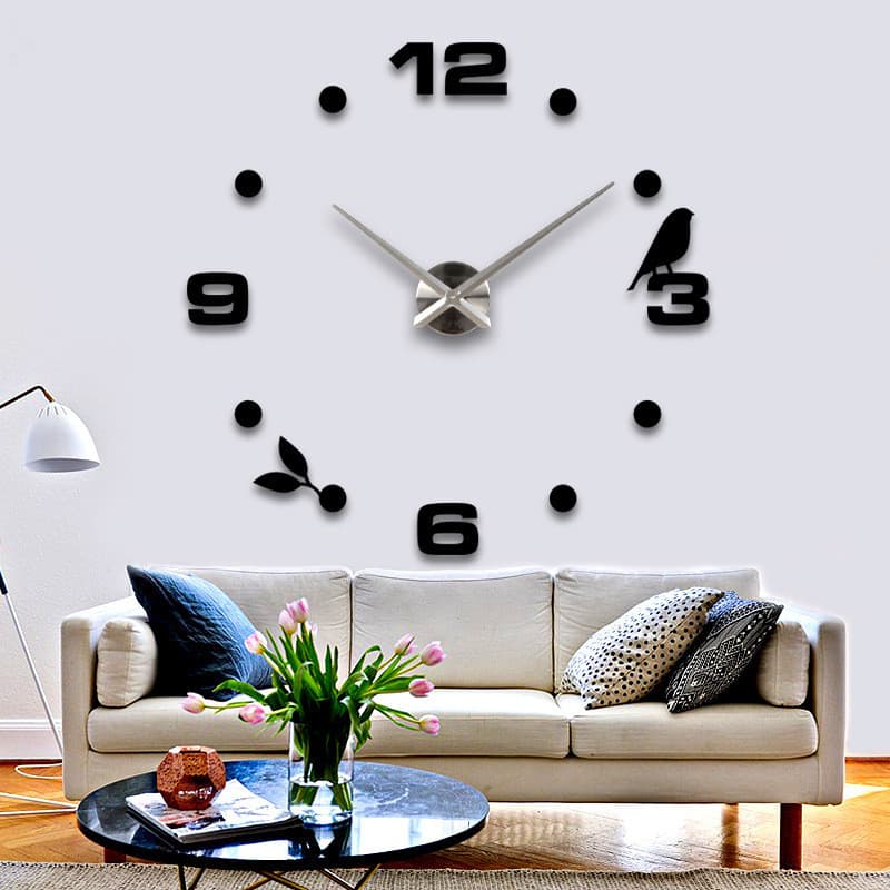 Living Room Creative Wall Clock Nordic Bird Large Mirror Surface Decorative 3D Sticker Wall Clock Battery Powered round Metal Dial