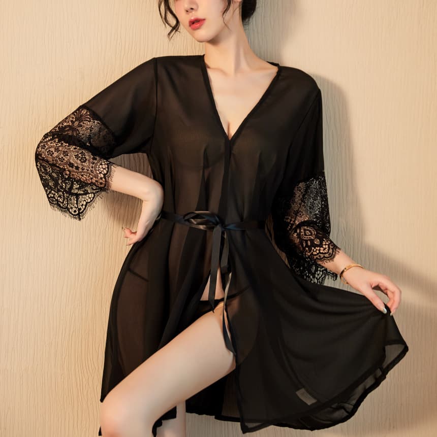 Wholesale Sexy Sleepwear for Women Thin Summer Chiffon Lingerie See-Through Open-Front Top Teasing Plus Size Bathrobe Two-Piece Set