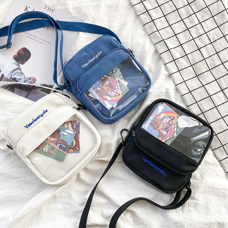 2020 Spring/Summer New Japanese Style Creative Cute Cartoon Bear Transparent Patchwork Canvas Shoulder Bag for Students and Women
