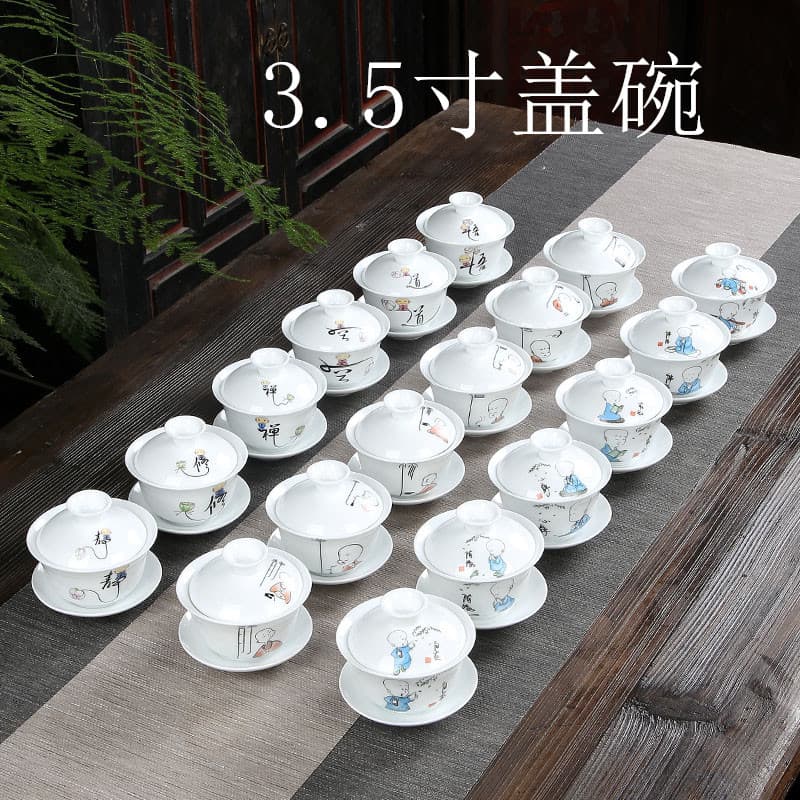 3.5 Inch Jingdezhen High-Quality High White Porcelain Large Lidded Bowl, Ceramic Tea Set Three-Talent Lidded Bowl, Blue and White Tea Set Tea Brewing Bowl