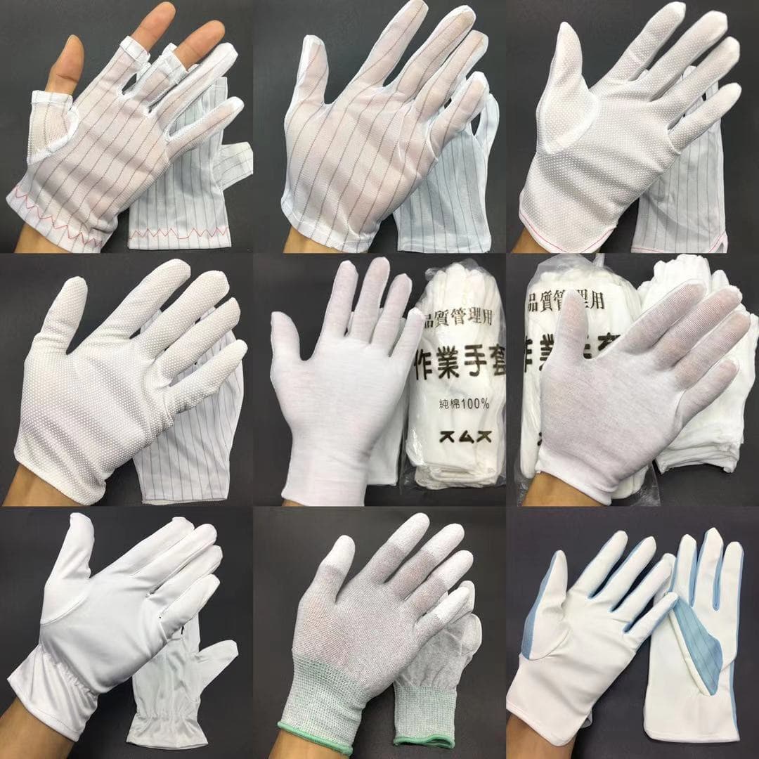 Anti-Static 3-Finger Cut-Off Striped Gloves, Dispensing Gloves, Yellow PU Gloves, White PU Gloves, Cotton White Work Gloves, Lint-Free Cloth Gloves