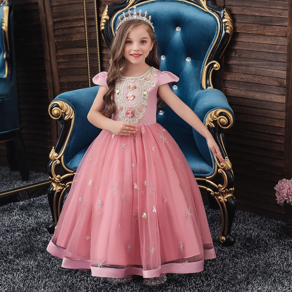 New European and American Hot Selling Children's Tulle Dress Flower Girl Embroidered Performance Costume Kids Party Gown
