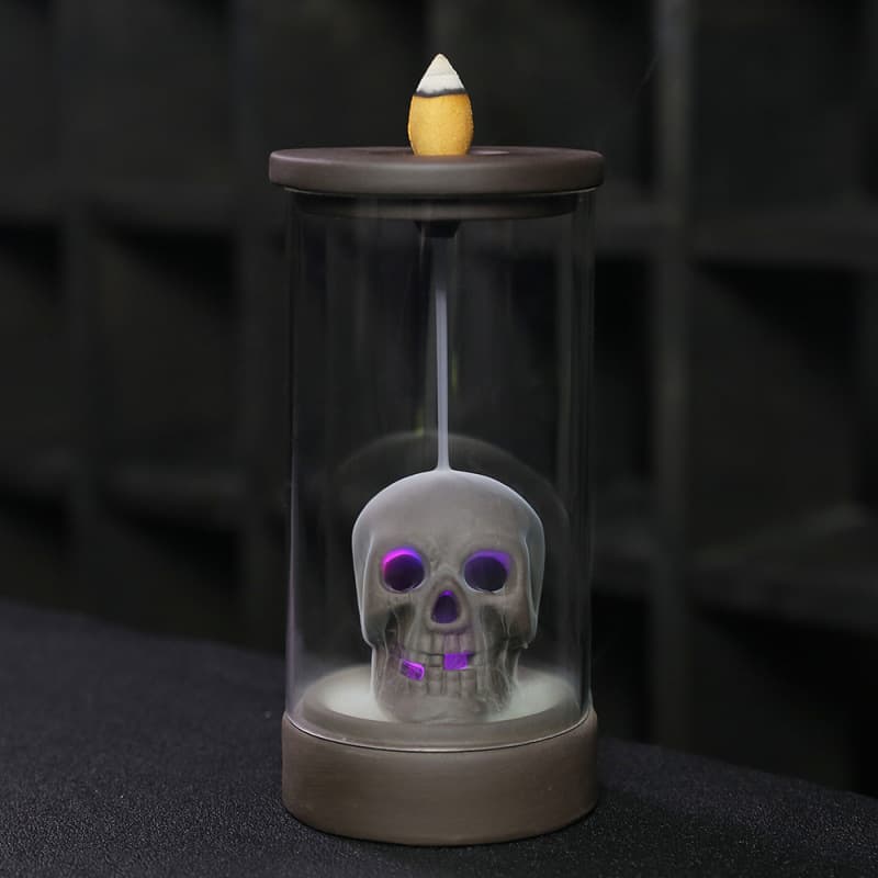 Cross-border purple sand backflow incense burner creative windproof LED lampshade skull home decoration Halloween backflow incense burner