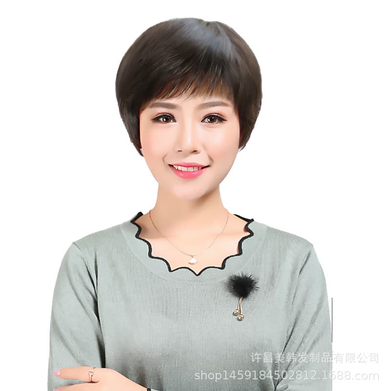 Ladies Short Curly Hair Wig Full Head Cover Real Hair Fake Cap Middle-aged Elderly Mother Gift