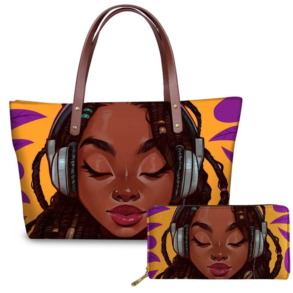 Wearing headset big wave African girl PU bag African girl long wallet shoulder bag handbag customization